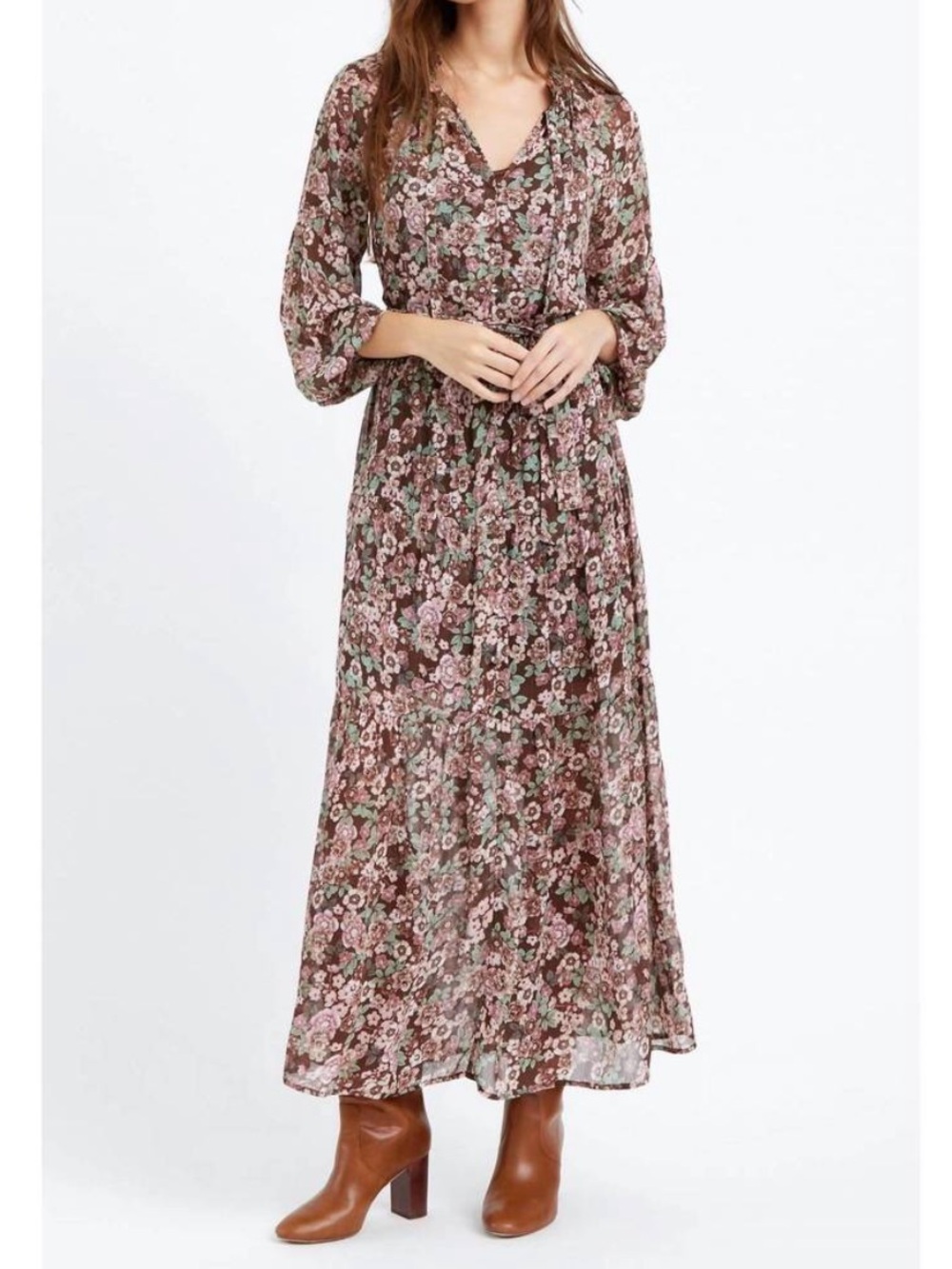 Anthropologie Greylin V-Neck Long Sleeve Zoa Brown Floral Maxi Dress